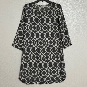 b. Boutique‎ by Evergreen Dress Gray White Geometric Print 3/4 Sleeve Shift Sz M